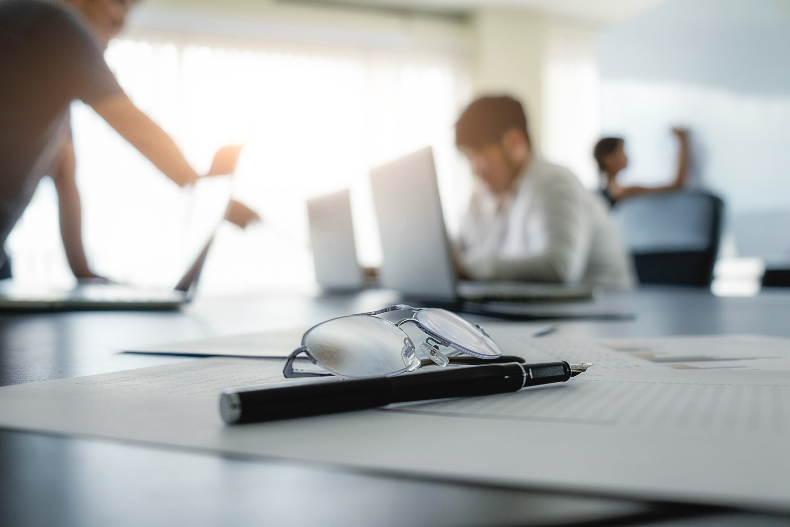 Business concept with copy space. Office desk table with pen foc